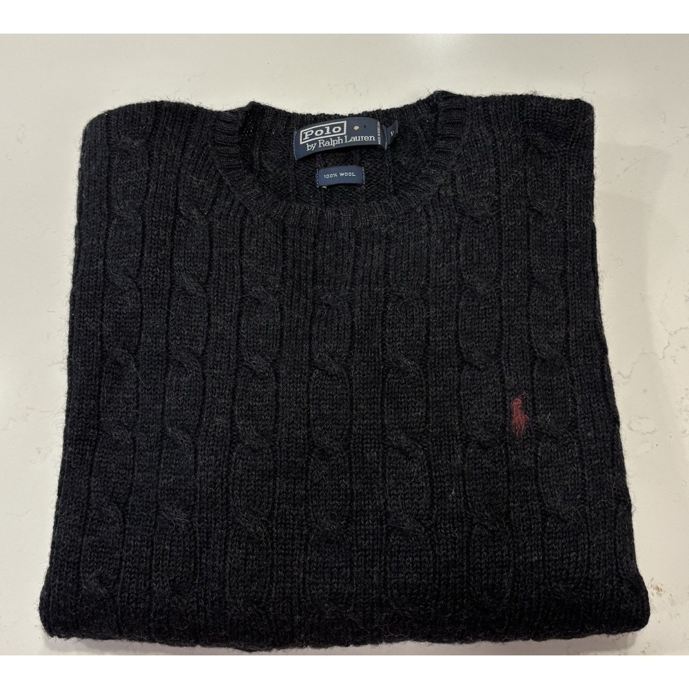 Vintage Polo Ralph Lauren 100% Wool Cable Knit Sweater Black Red Pony Large 90s